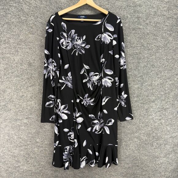 Chaps Dress Women XL Black Floral Shift Midi Long Sleeve Lined Round Neck Casual - Picture 1 of 7